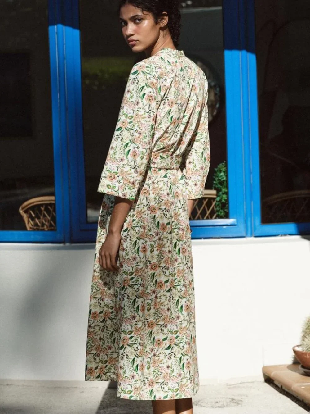 Zara Printed Midi Poplin Dress XL Organic Cotton Belted Button Front Summer NWT